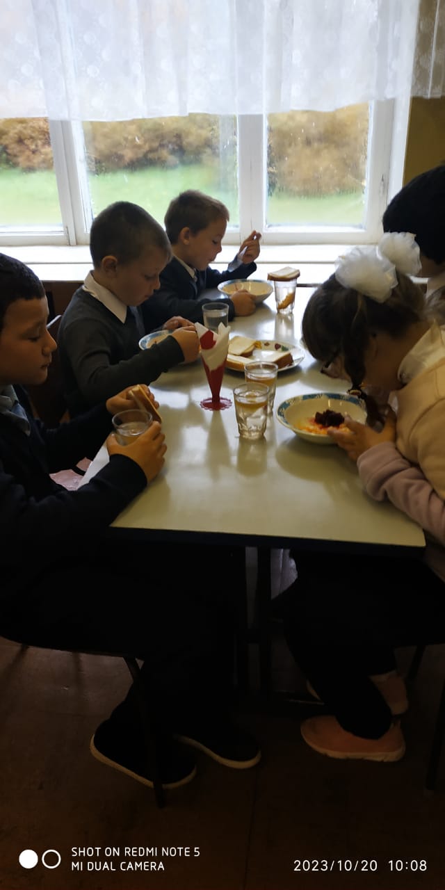 Дети начальной школы за завтраком в столовой